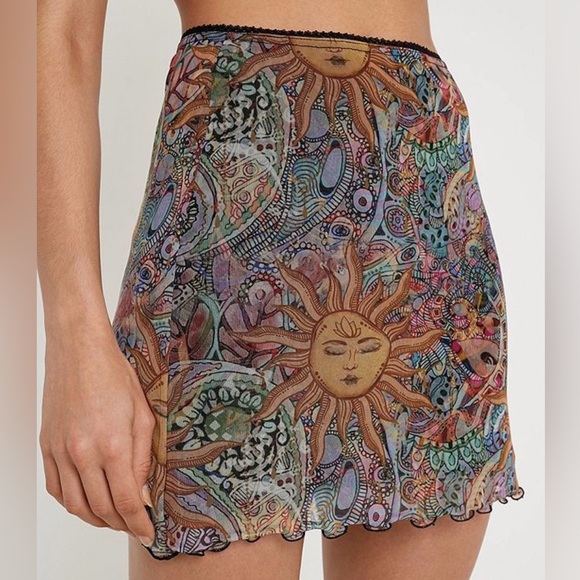 90s Y2K Celestial Sun Print Sheer Mesh Overlay Mini Skirt Grunge Rave Boho L - Picture 1 of 9